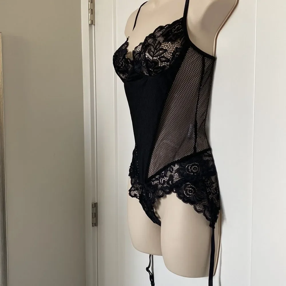 Teddy Black with floral Lace and Mesh. Hosiery Straps for a Sexy Fun Look